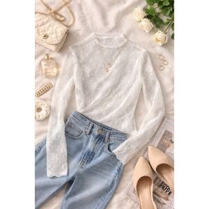 Women's Sheer White Lace Long Sleeve Top Size Small Floral Mesh Blouse